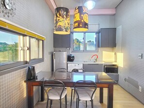 Fridge, microwave, stovetop, electric kettle