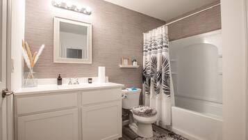 Hair dryer, towels, soap, toilet paper