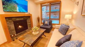 Smart TV, fireplace, books