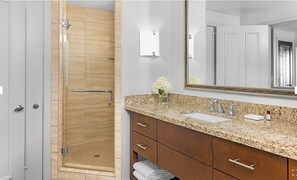 Hair dryer, towels, soap, shampoo