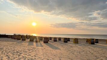 Ein Strand mit strahlendem Himmel, Sand und Reihen von Liegestühlen.