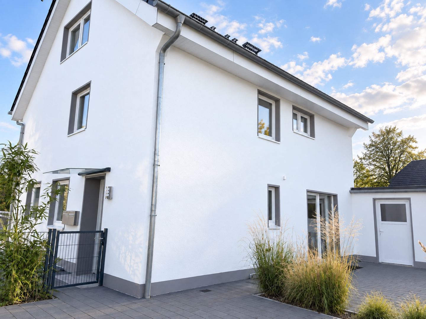 A modern two-story residential building with a flat roof, a gated entrance, and a paved driveway.