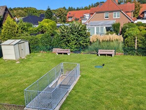 A residential backyard with a metal fence, a small shed, and two benches.