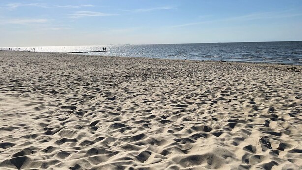 A sandy beach with footprints leading to the water, a clear sky, and a distant pier.