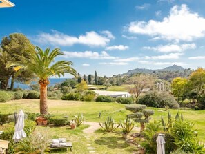 Un jardin bien entretenu, agrémenté d’un palmier, de divers arbustes et offrant une vue dégagée sur une colline où se trouve un bâtiment, visible au loin.