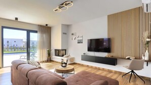 Ein modernes Wohnzimmer mit einer großen Couch, einem Flachbildfernseher und einer Wand mit Holzpaneelen.