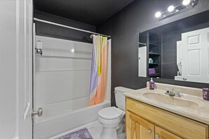 Hair dryer, towels, soap, shampoo