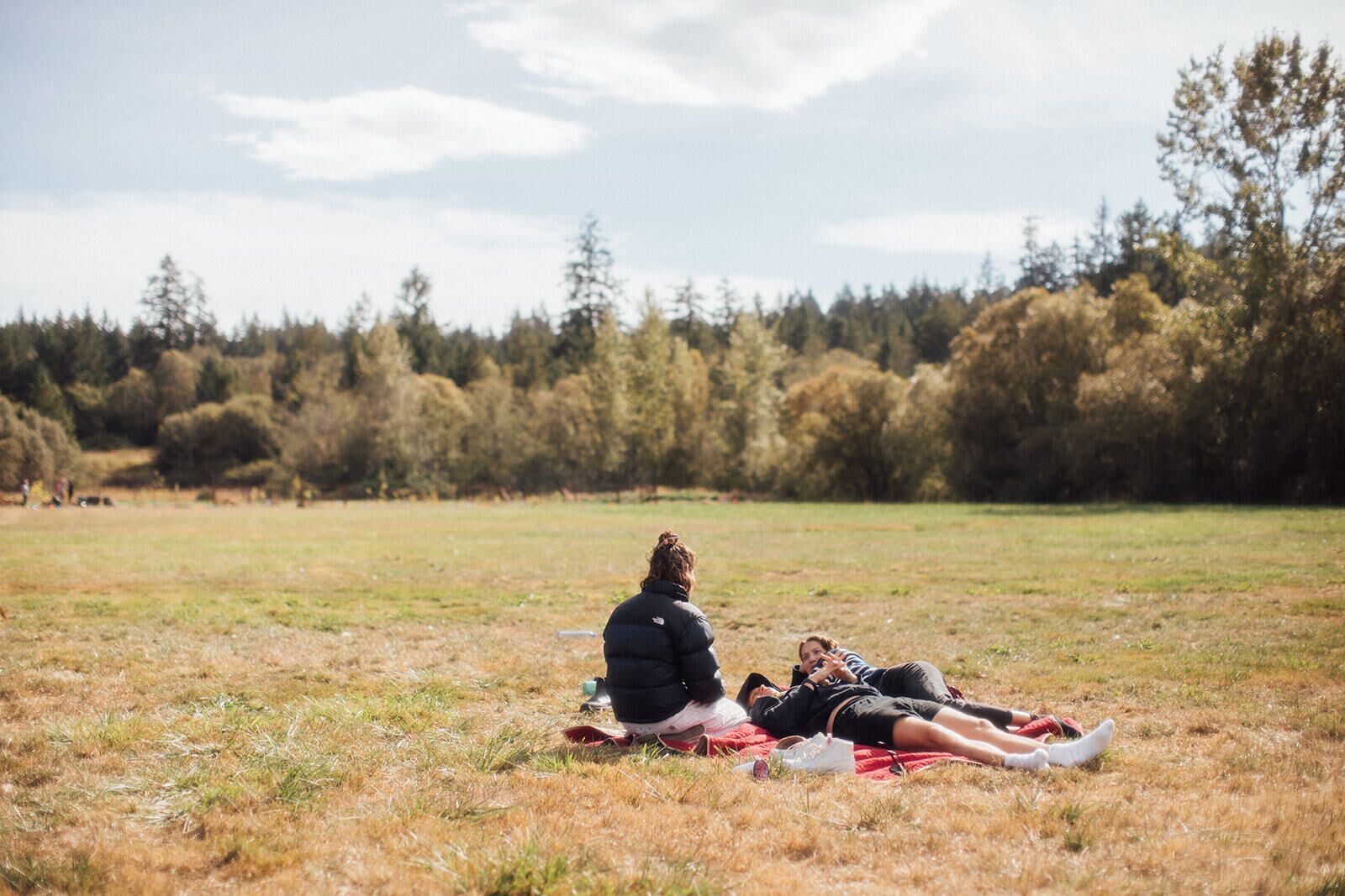 A person sitting on a blanket in an open field with trees in the background.
