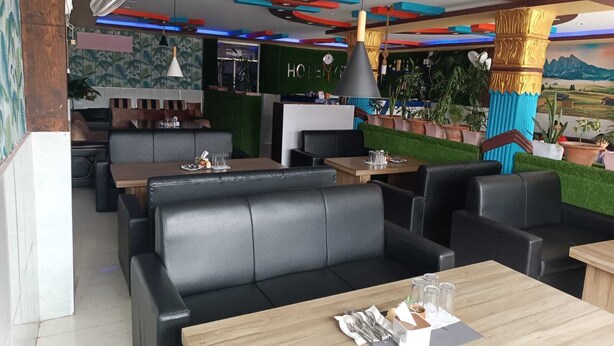 Un restaurant avec des banquettes et des tables, un mur végétal orné du logo « H », un plafond décoré de lumières colorées et des plantes en pot.