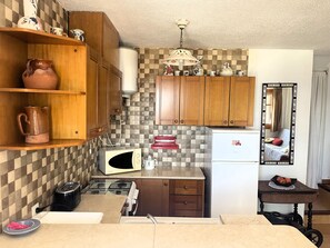 Fridge, microwave, oven, coffee/tea maker