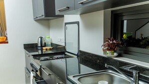Une cuisine moderne équipée d’appareils électroménagers en acier inoxydable, d’un four encastré et d’un évier.