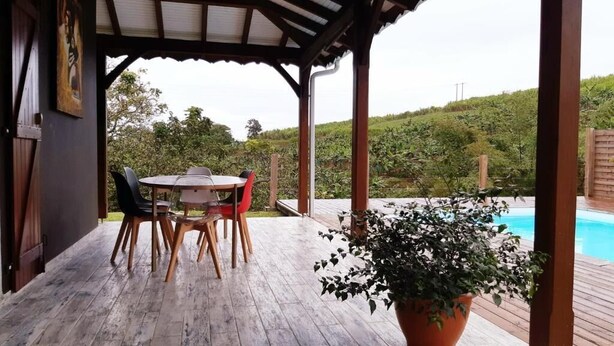 Um alpendre exterior com mesa e cadeiras de madeira, um vaso de planta e vista para uma piscina e vegetação.