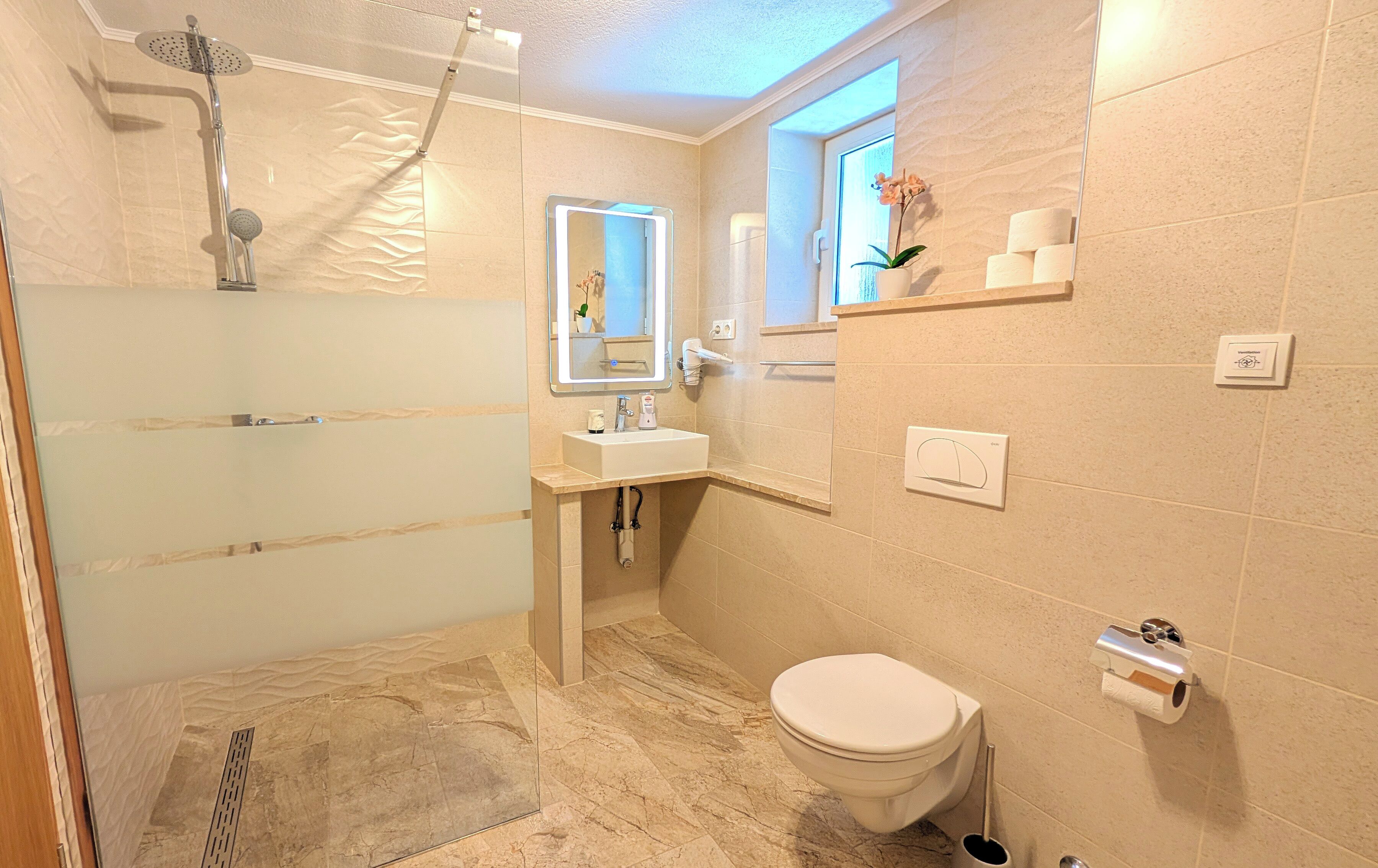A modern bathroom with a glass-enclosed shower, a sink, a toilet, and a mirror.