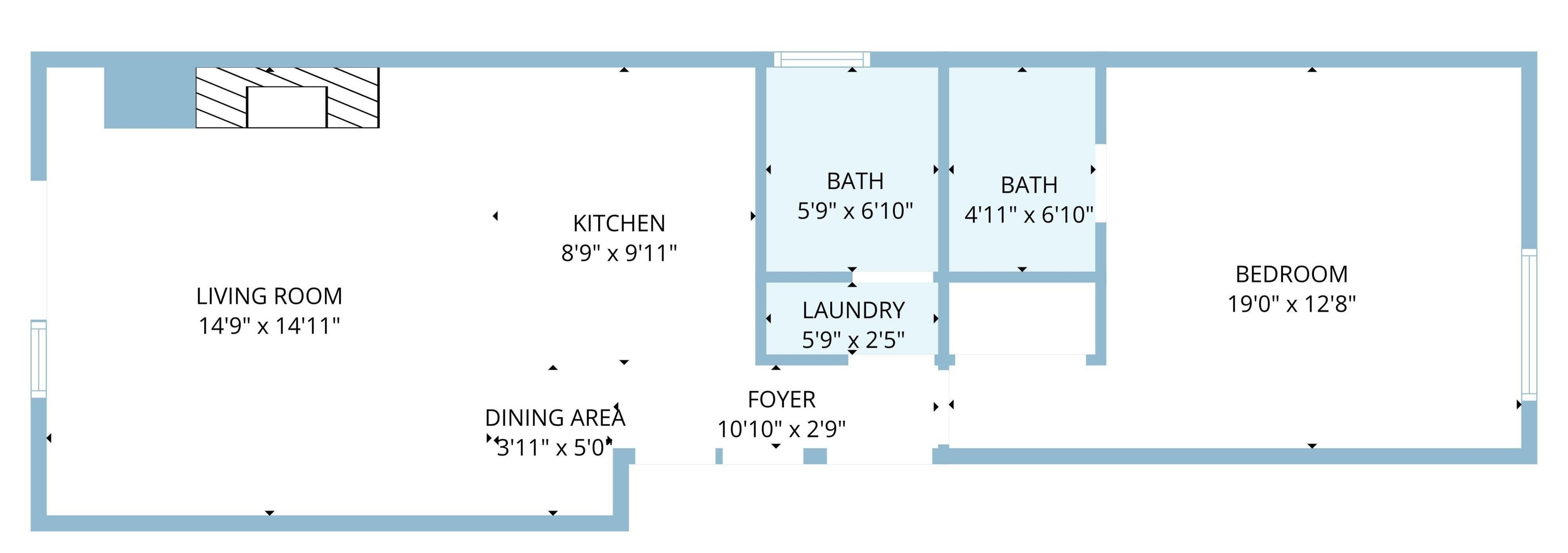 A floor plan with a living room, kitchen, dining area, two bathrooms, a bedroom, and a foyer.