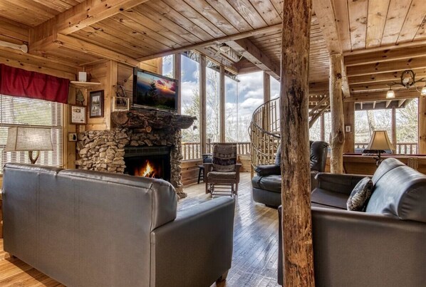 Smart TV, fireplace, video games, DVD player