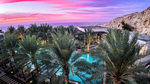 A resort with a swimming pool surrounded by palm trees, a view of the city, and a rocky hillside. - Alberni Jabal Hafeet Hotel (Al Ain)
