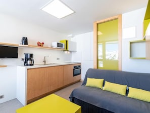 A compact living space with a kitchenette, a sofa, and a television.
