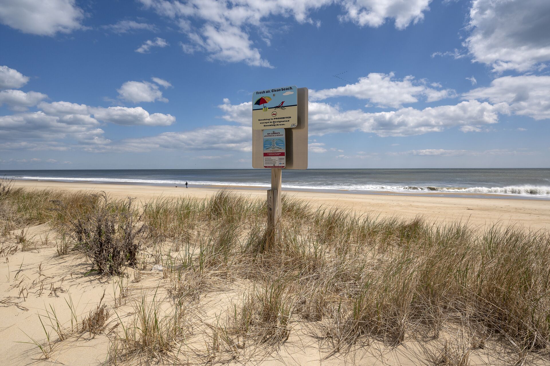 Praia com placa indicando ar puro, praia limpa e proibição de fumar, exceto em áreas designadas.