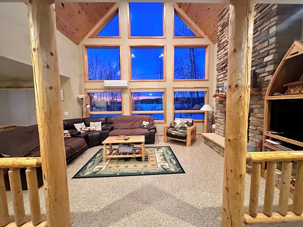 TV, fireplace, DVD player, books