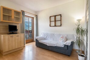 Una sala de estar con un sofá gris, armarios de madera, un televisor, una planta en maceta y vistas a través de una ventana.