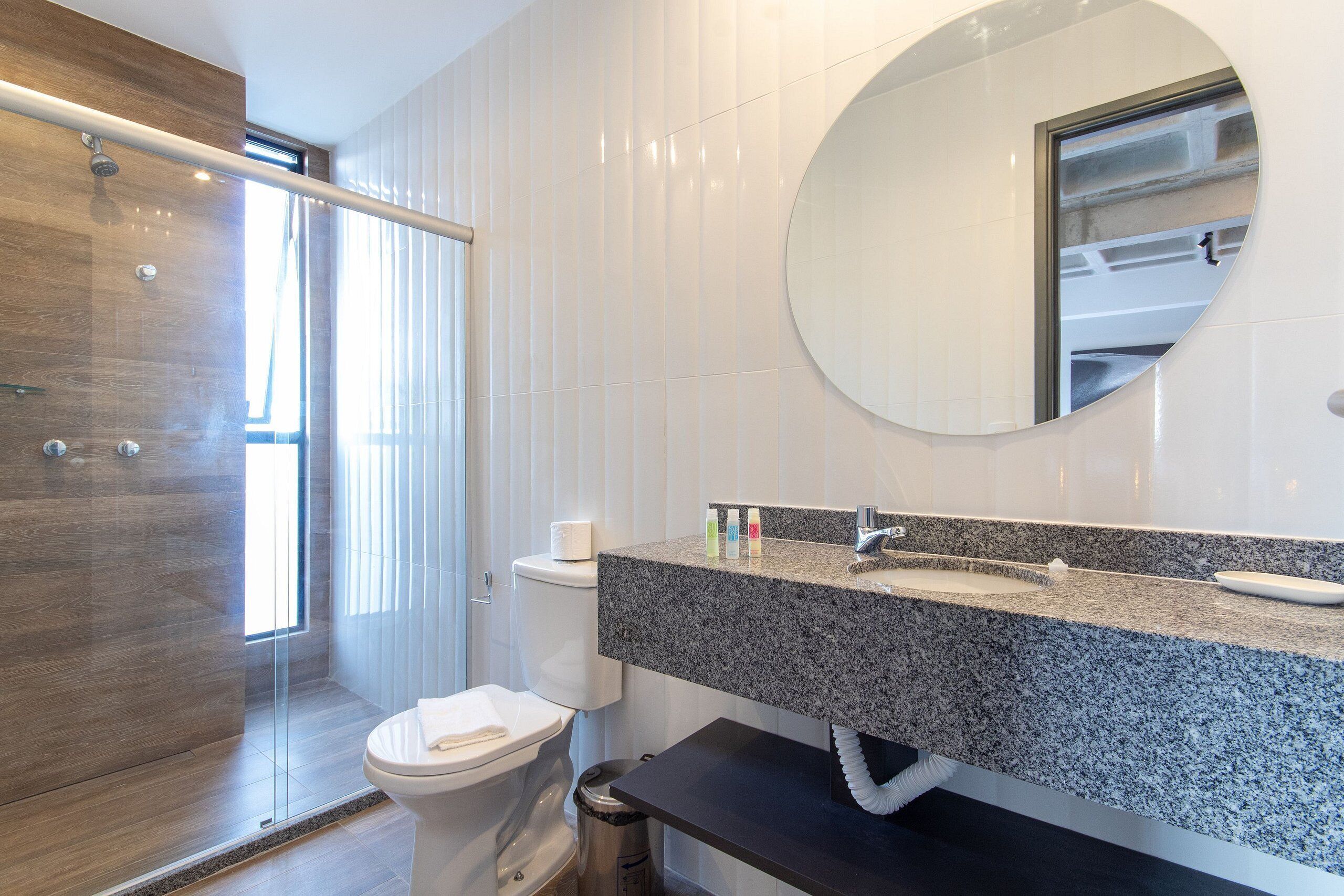 A modern bathroom with a glass-enclosed shower, a toilet, and a granite countertop with a sink and mirror.