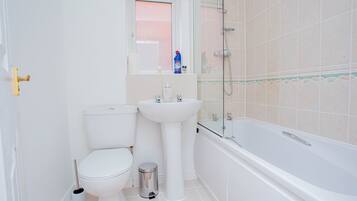 Hair dryer, towels, soap, toilet paper