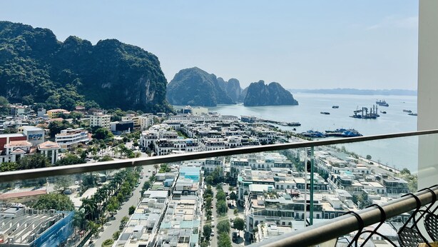 A coastal cityscape with dense urban development, prominent limestone cliffs, and a marina with various boats.