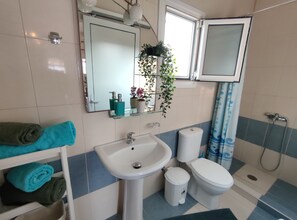 Un baño con lavamanos blanco, inodoro, ducha y espejo. Hay toallas en un estante y una planta colgando de la pared.