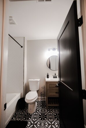 Hair dryer, towels, soap, shampoo