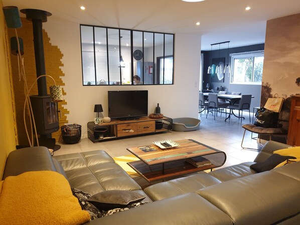 Télévision, lecteur de DVD, livres, chaîne hi-fi