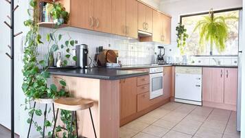 A kitchen with wooden cabinets, a black countertop, and a dishwasher. There are plants on the counter and a window with a view of trees.