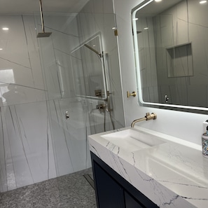 Shower, hair dryer, bidet, towels