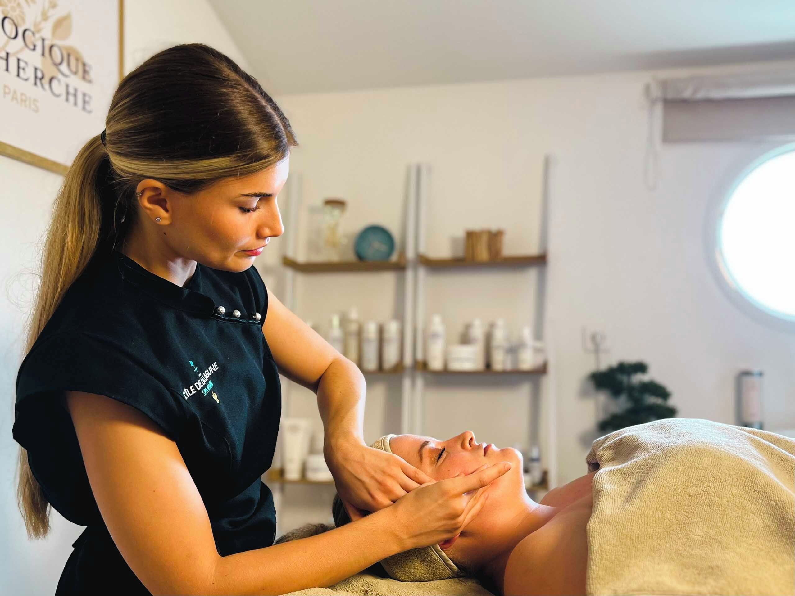 A professional setting with a person receiving a facial treatment.