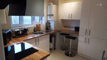 Full-sized fridge, microwave, oven, stovetop