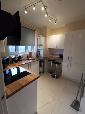 Full-sized fridge, microwave, oven, stovetop