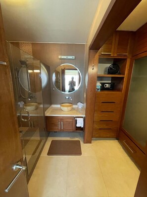 Shower, hair dryer, towels