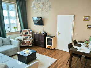 Smart TV, lareira, livros, aparelho de som