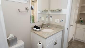 Hair dryer, towels, soap, shampoo