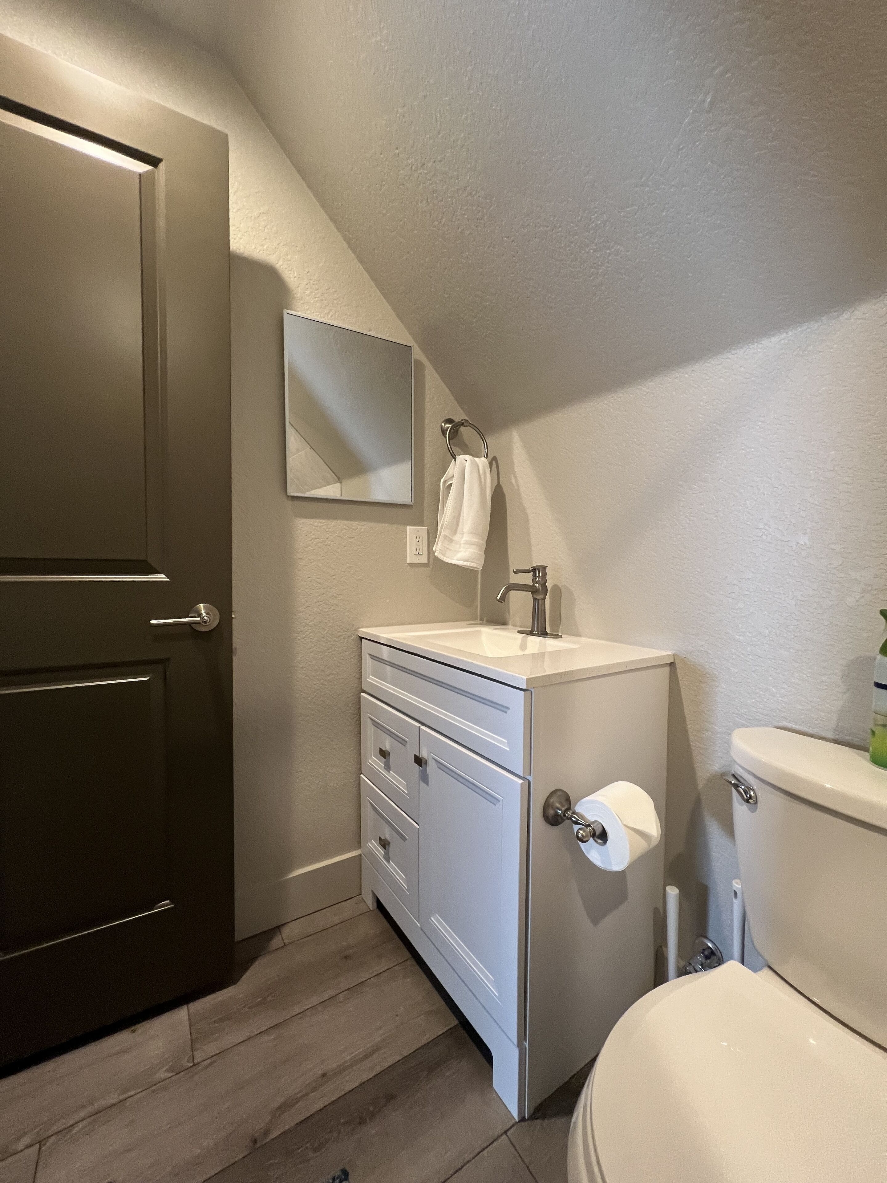 Hair dryer, towels, soap, shampoo