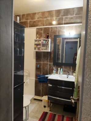 Shower, hair dryer, towels, toilet paper
