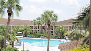 A hotel with a swimming pool surrounded by palm trees and blue chairs. - Apm Inn and Suite  (Jacksonville)