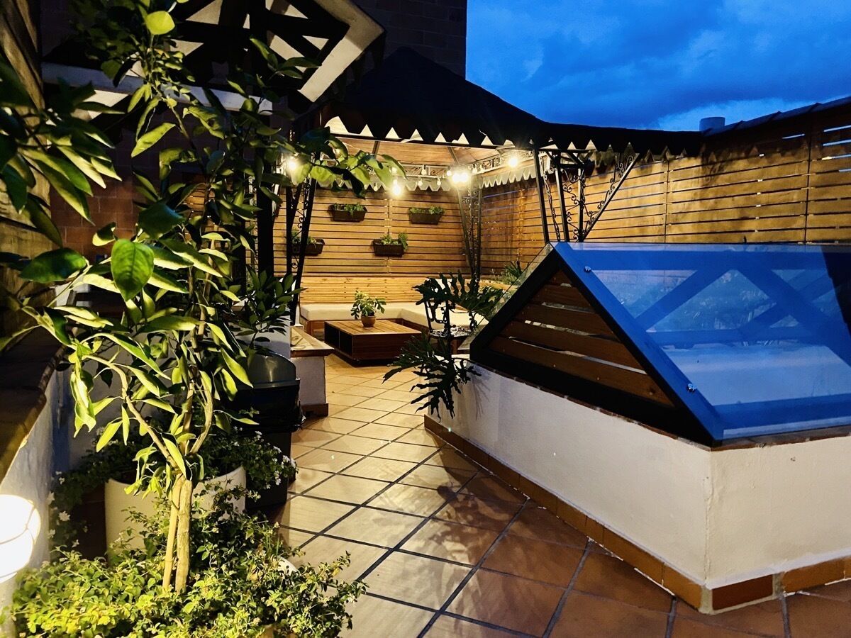 Un patio en la azotea con piso de madera, plantas en macetas, una zona de estar y cerramiento de vidrio.
