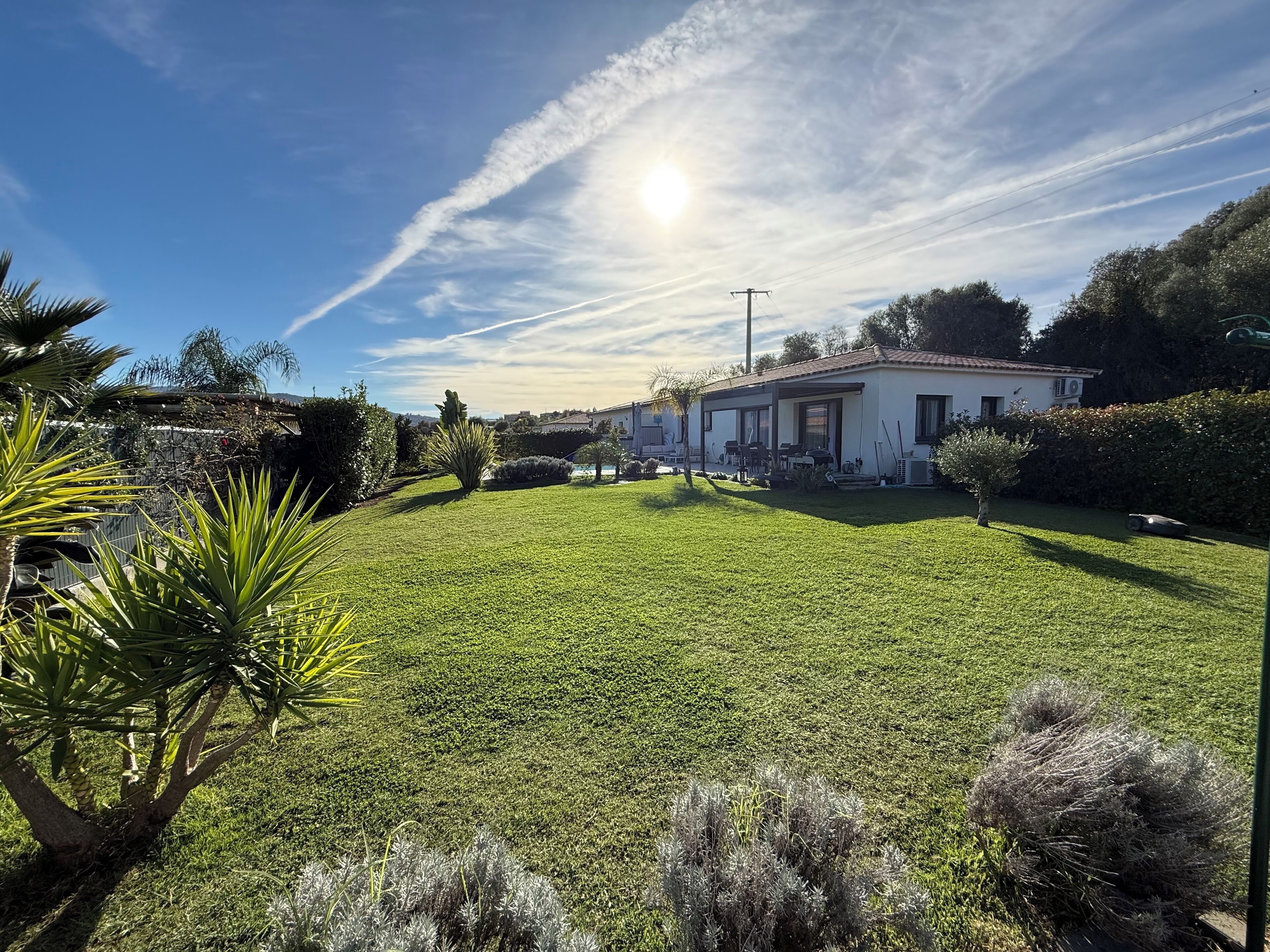 Ein Haus mit gepflegtem Rasen, einer Terrasse und blauem Himmel.