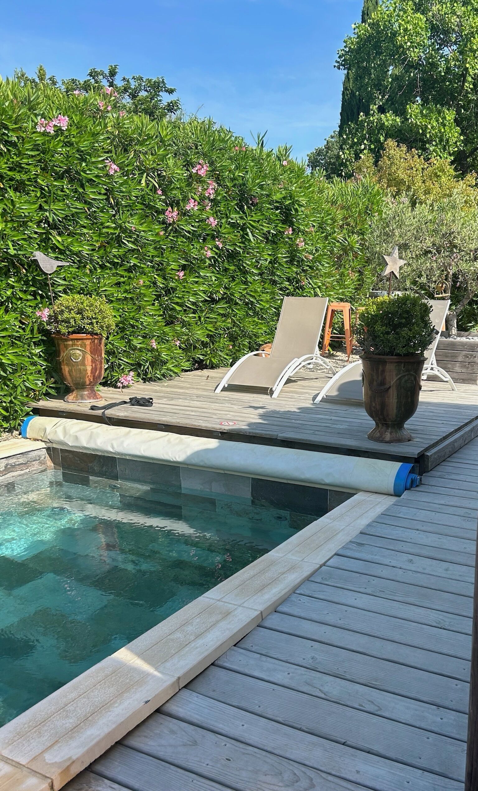 A swimming pool with a wooden deck, lounge chairs, and potted plants.