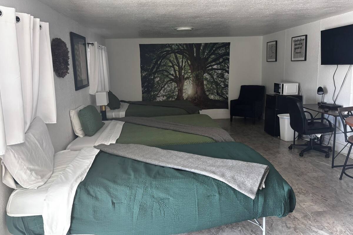 Una habitación con dos camas, un escritorio, una silla, un televisor y un mural grande con motivos de árboles en la pared.