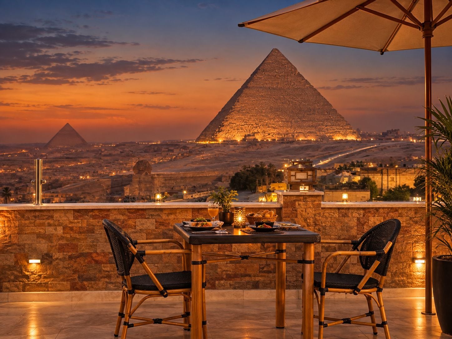 Una mesa con sillas y vista a las pirámides al atardecer.