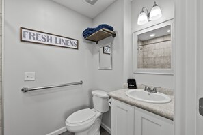 Hair dryer, towels, toilet paper