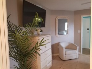 Relax in a serene space with a comfortable armchair, flat-screen TV, and a potted plant.