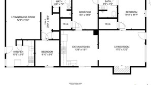 A floor plan of a hotel room with a living/dining room, kitchen, two bedrooms, two bathrooms, a hall, and an eat-in kitchen. - Central Craftsman Apartment (Arcata)