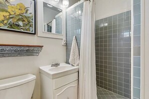 Hair dryer, towels, soap, shampoo